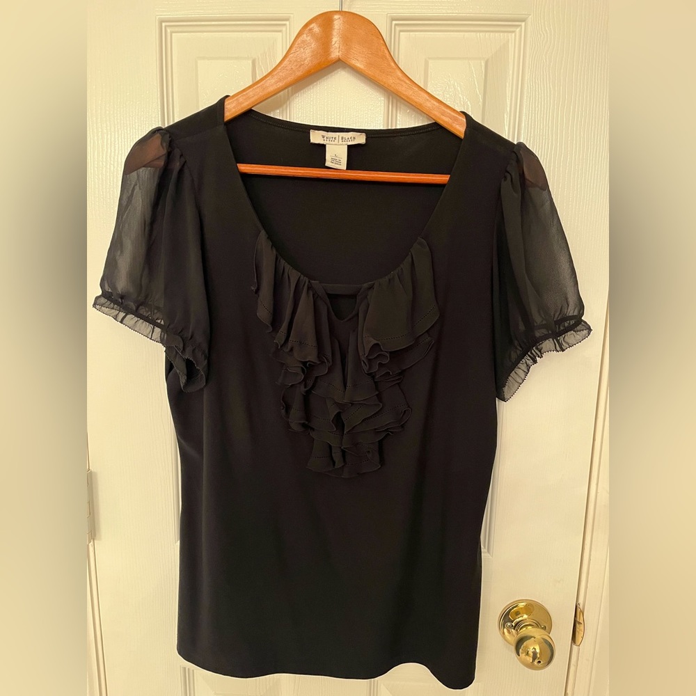 White House Black Market flowing black blouse with see-through sleeves large